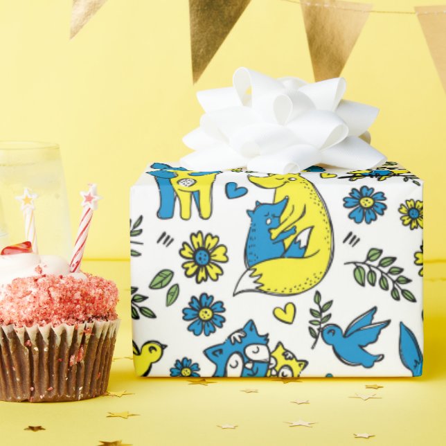 Farben in der Ukraine Kinder Blaugelbe Tiermütter Geschenkpapier (Geburtstagsparty)