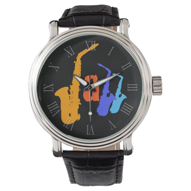 Farben Jazz Sax Illustration römische Zahlen W2 Armbanduhr (Vorderseite)