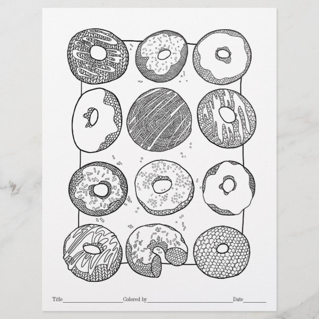 FÄRBEN SIE IHRE EIGENE Gestrickte Donuts-Malvorlag (Vorderseite)