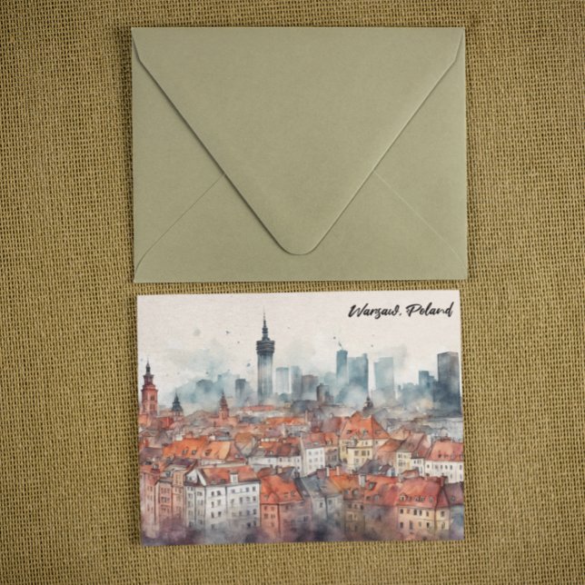 Farben Warschau Polen Wasserfarbe Skyline Postkarte (warsaw poland panorama view postcard)