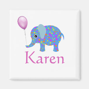 Farbenblauer Elefant   Lila Ballon und Name Magnet