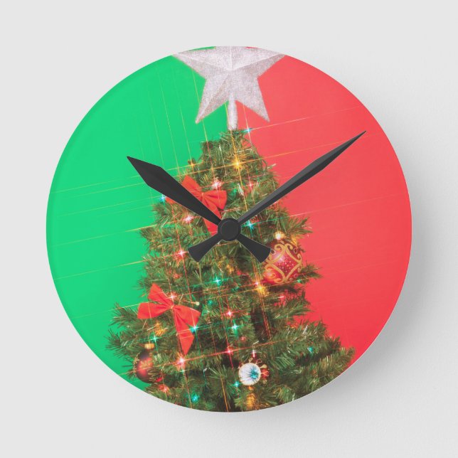 Farbenblock-Weihnachtsbaum Runde Wanduhr (Vorderseite)