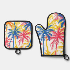 FARBENE TROPISCHE RETRO-PALMBÄUME OFENHANDSCHUH & Topflappen-Set