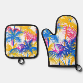 FARBENE TROPISCHE RETRO-PALMBÄUME OFENHANDSCHUH & Topflappen-Set