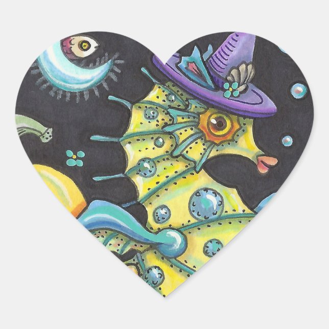 FARBENES FANTASY SEEPFERD, WITCH IM HALLOWEEN MEER Herz-Aufkleber (Vorderseite)