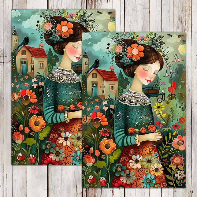 FARBENES GARTENMÄDCHEN MIT BLUME DECOUPAY SEIDENPAPIER (COLORFUL GARDEN GIRL WITH FLOWERS DECOUPAGE TISSUE PAPER)