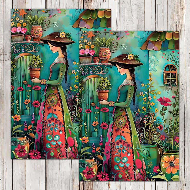 FARBENES GARTENMÄDCHEN MIT BLUME DECOUPAY SEIDENPAPIER (COLORFUL GARDEN GIRL WITH FLOWERS DECOUPAGE TISSUE PAPER)
