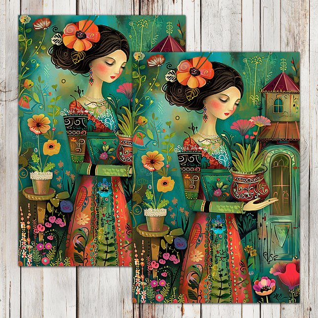 FARBENES GARTENMÄDCHEN MIT BLUME DECOUPAY SEIDENPAPIER (COLORFUL GARDEN GIRL WITH FLOWERS DECOUPAGE TISSUE PAPER)