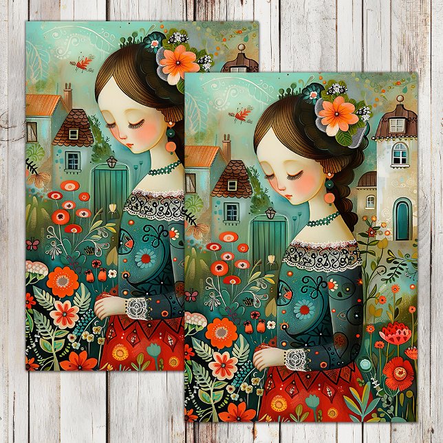 FARBENES MÄDCHEN IN GARTEN MIT BLUME DEKOUPAGE SEIDENPAPIER (COLORFUL GIRL IN GARDEN WITH FLOWERS DECOUPAGE TISSUE PAPER)