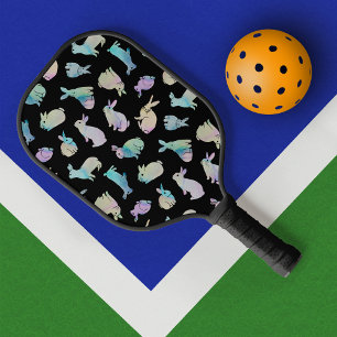 Farbenfarbenes Bunnies-Muster auf schwarz Pickleball Schläger