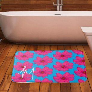 Farbenfroh Blau Rosa Floral Modernes Monogramm Badematte