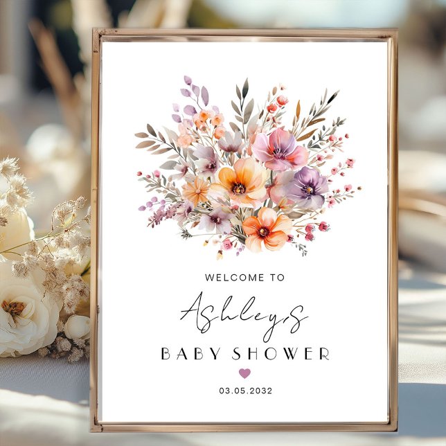 Farbenfroh, Blume Bouquet Babydusche Poster (Personalized, Colorful, Flower Bouquet, Welcome, Baby Shower Poster with your name and date.)