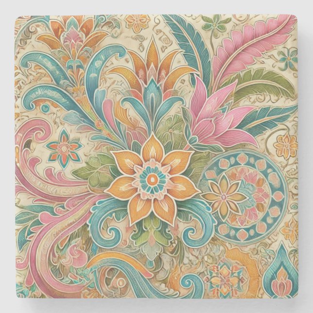 Farbenfroh Boho Indonesisch Batik Floral Watercolo Steinuntersetzer (Vorderseite)