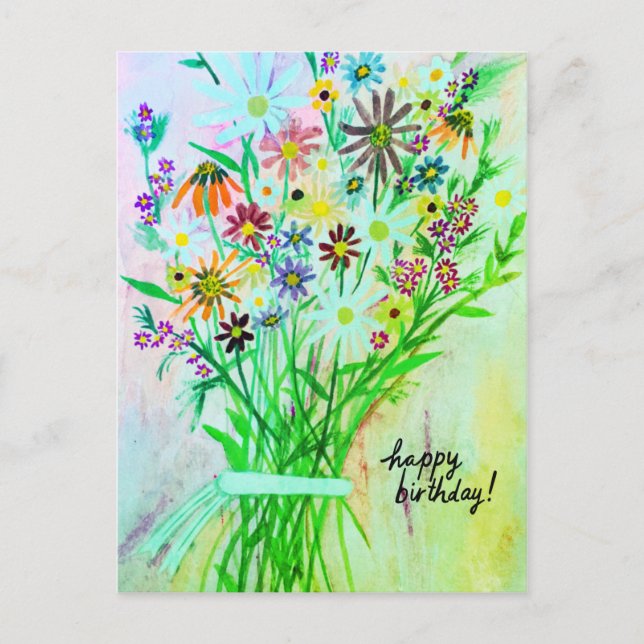 farbenfroh Daisy Bouquet Happy Birthday Green Postkarte (Vorderseite)