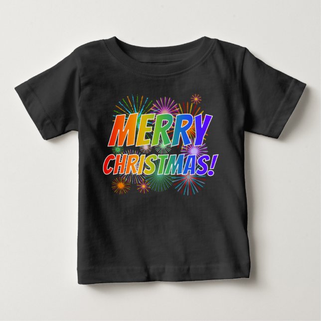 Farbenfroh "MERRY CHRISTMAS!" + Feuerwerk Muster B Baby T-shirt (Vorderseite)