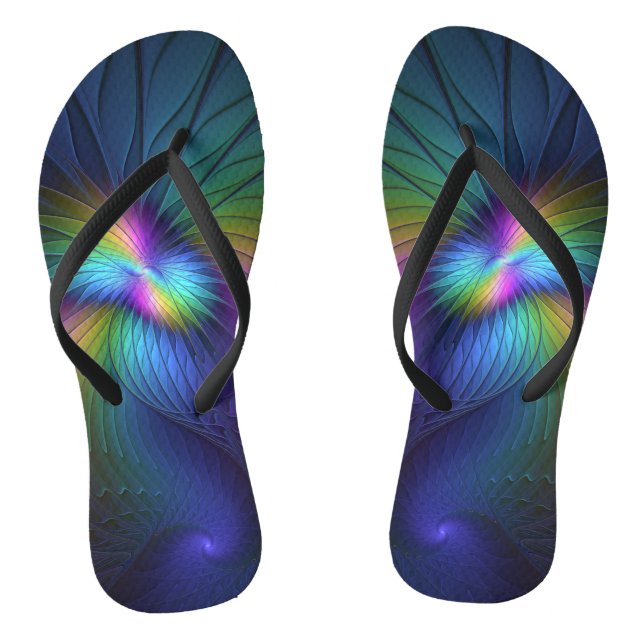 Farbenfroh mit blauem, modernem Abstraktem Fraktal Flip Flops (Fußbett)