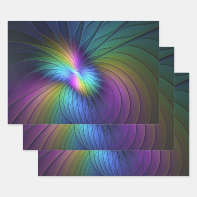 Farbenfroh mit blauem, modernem Abstraktem Fraktal Geschenkpapier Set (Set)