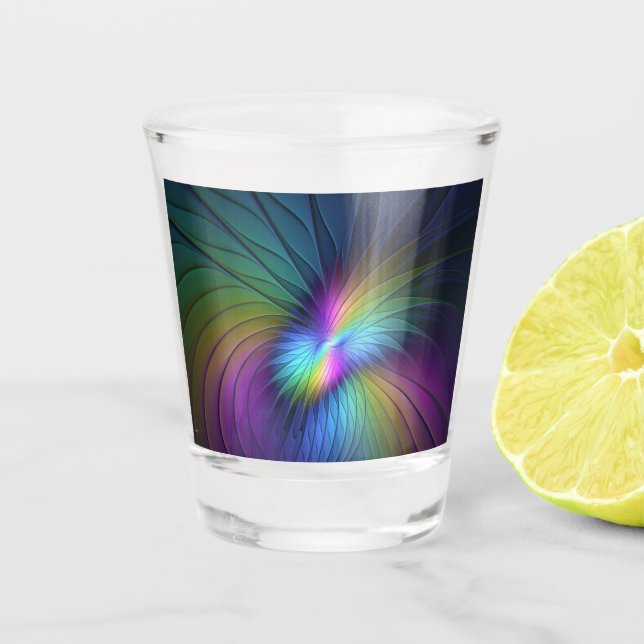 Farbenfroh mit blauem, modernem Abstraktem Fraktal Schnapsglas (Vorderseite)