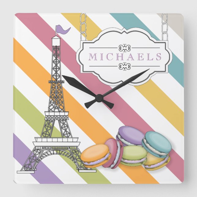 Farbenfroh Paris Macaron Eiffel Tower Monogram Quadratische Wanduhr (Vorderseite)