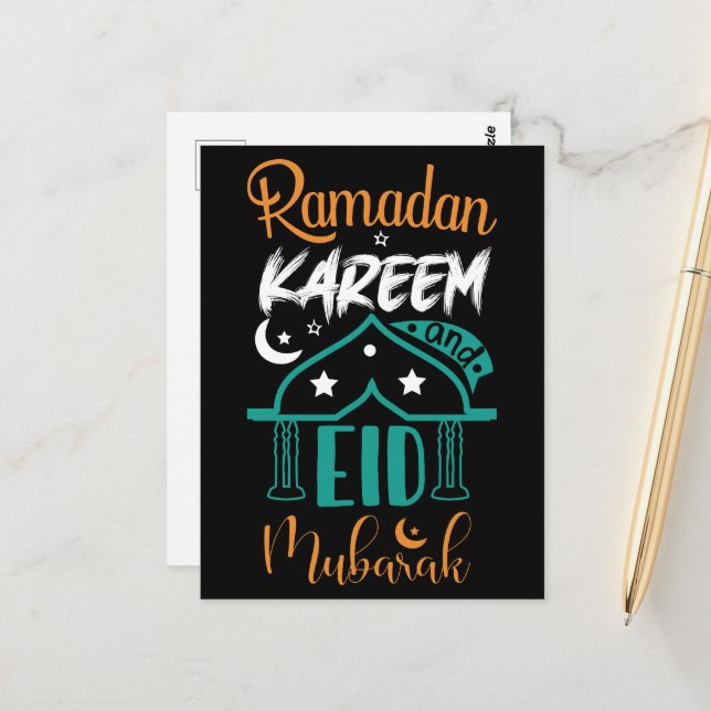 farbenfroh Ramadan Kareem Eid Mubarak Postkarte (Vorderseite/Rückseite Beispiel)