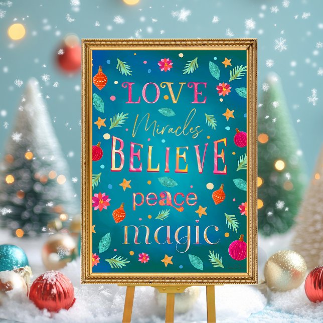 Farbenfroh rosa florale Inspiration Poster (Festive colorful Christmas hand painted letter details. Love, Miracles, Believe, Peace and Magic.)