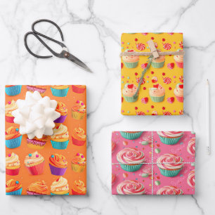 Farbenfroh Rosa, Orange und Gelb Geburtstagskuchen Geschenkpapier Set