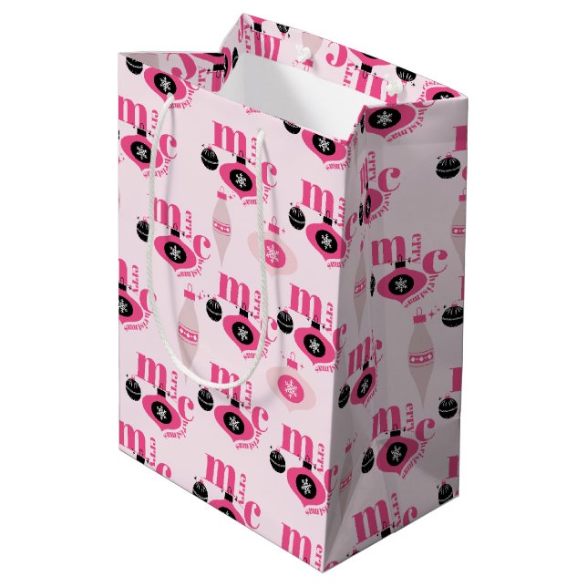 Farbenfroh, rosa und weiße Weihnachtswrapping Pape Mittlere Geschenktüte (Rückseite Schrägansicht)