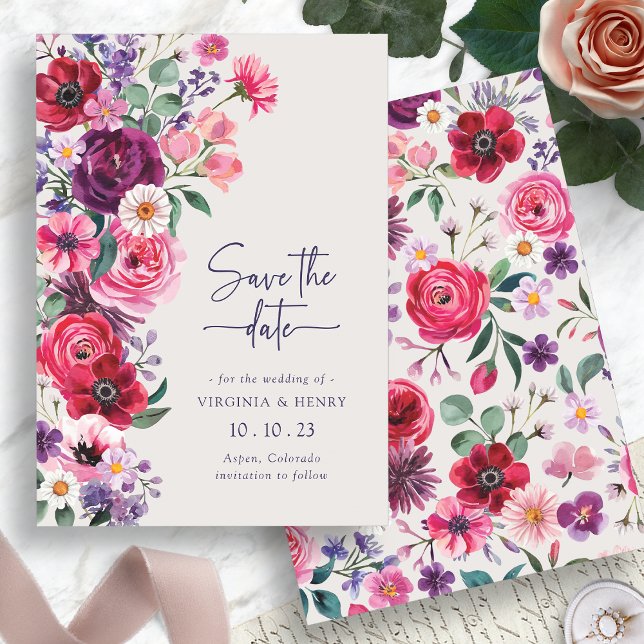 Farbenfroh Save The Date (Colorful Watercolor Floral Save The Date Card by Painted Paperie
)