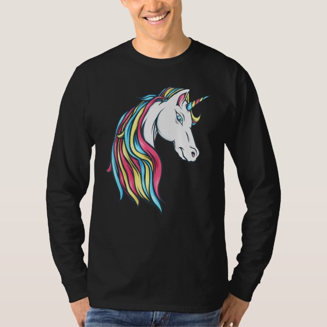 Farbenfroh schöner Regenbogen Einhornkopf Flownbah T-Shirt (Vorderseite)