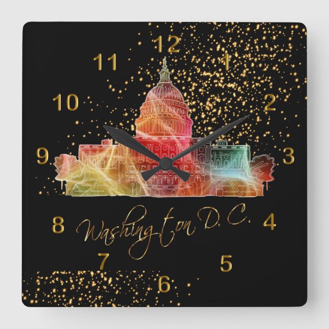 Farbenfroh Washington DC Skyline Quadratische Wanduhr (Vorderseite)