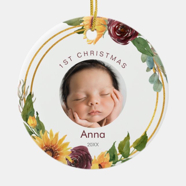 Farbenfrohe 1. Weihnachtsgebäck Sonnenblumen & Bur Keramik Ornament (Vorne)