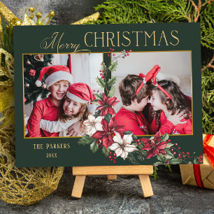 Farbenfrohe 2-Foto Frohe Weihnachtsfeier Poinsetti Feiertagskarte
