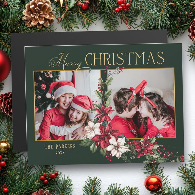 Farbenfrohe 2-Foto Frohe Weihnachtsfeier Poinsetti Magnetkarte (Von Creator hochgeladen)