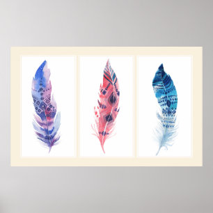 Farbenfrohe 3 Panel Boho Feathers Poster