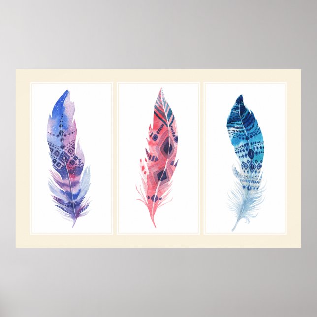Farbenfrohe 3 Panel Boho Feathers Poster (Vorne)