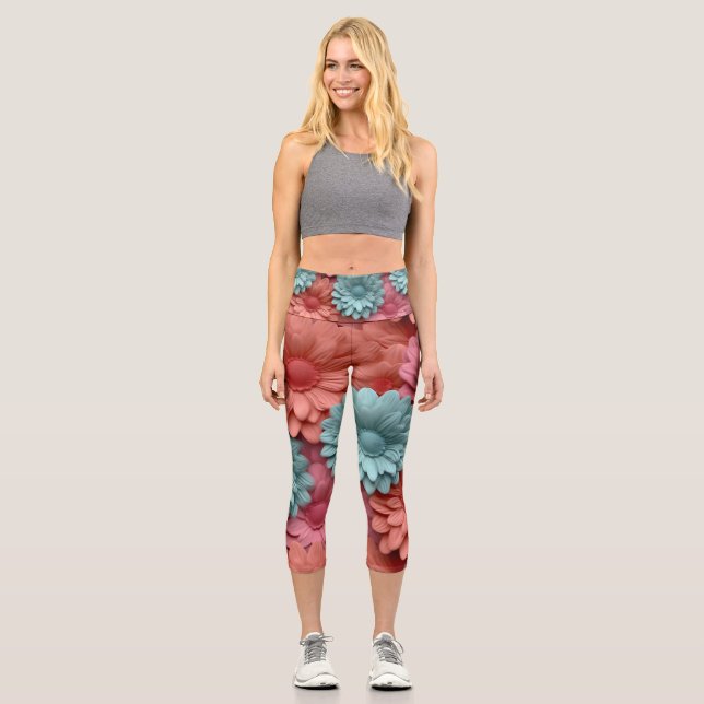 farbenfrohe 3D Gerbera Capri Leggings (Vorderseite)