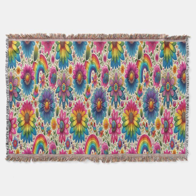 Farbenfrohe 60er Flower Power Botanik Decke (Vorderseite)