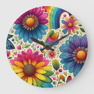 Farbenfrohe 60er Flower Power Botanik Große Wanduhr