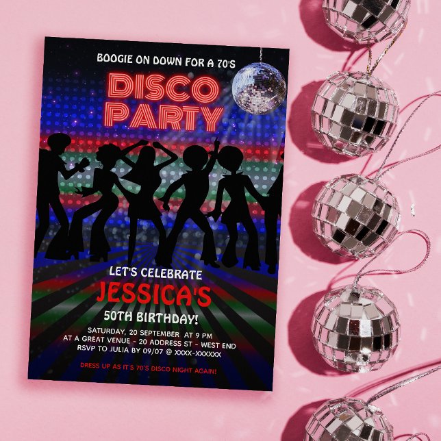 Farbenfrohe 70er Disco Tanz Party Einladung (Time to get you groove on with our out of sight, 70s Disco Party birthday invitation. )