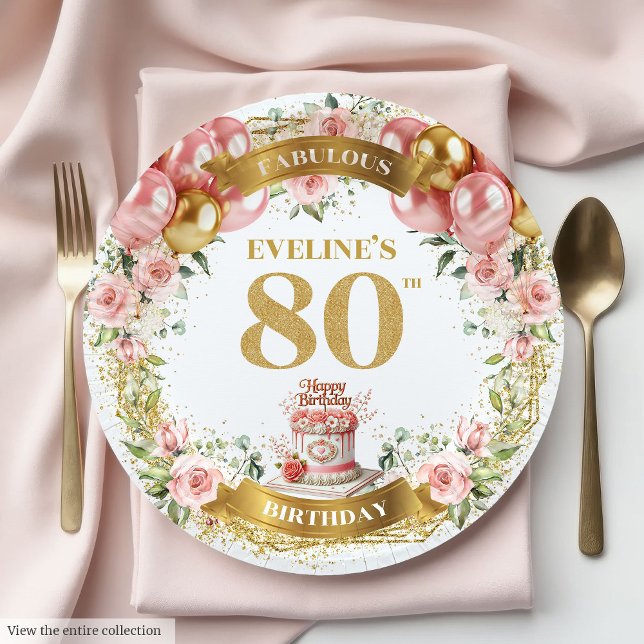 Farbenfrohe 80. Geburtstag Blumengoldnummer Pappteller (Colorful 80th Birthday Floral Gold Number Paper Plates)