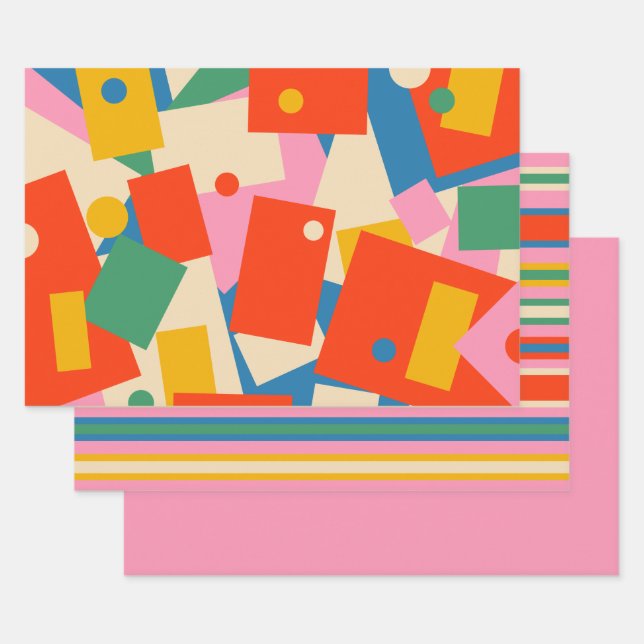 Farbenfrohe 80er Geometric Abstrakt Modern Pattern Geschenkpapier Set (Set)