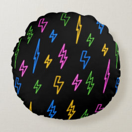 Farbenfrohe 80er Jahre Retro Neon Blitze Muster Rundes Kissen