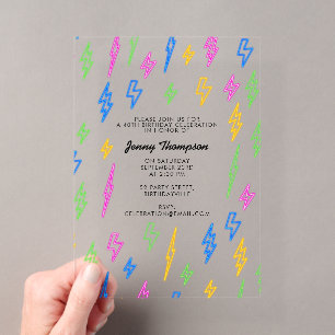 Farbenfrohe 80er Retro-Neon-Blitz-Geburtstag Acryleinladungen