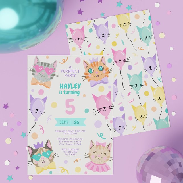 Farbenfrohe a Purfffect Party Niedliche Kitty Cat  Einladung (Colorful A Purrfect Party Cute Kitty Cat Birthday Invitation)