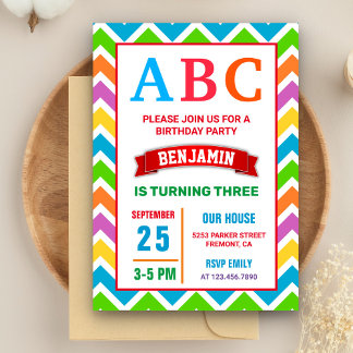 Farbenfrohe ABC Kids Alphabet Geburtstagsparty Einladung