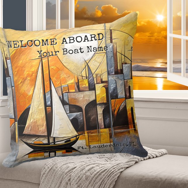 Farbenfrohe Abstrakte Art Sailboat Schöne Kissen (Colorful artistic pillow with a nautical theme, showing an abstract fine art painting of a sailboat)