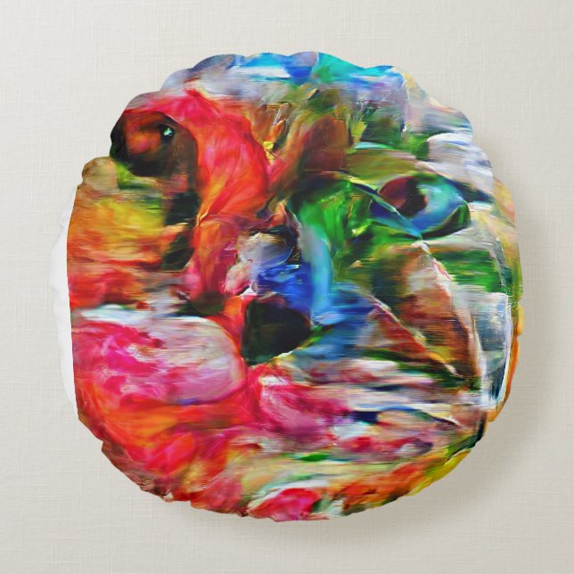 Farbenfrohe Abstrakte Ausdrucksform Cat Art Print Rundes Kissen (Vorderseite)