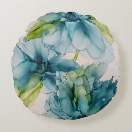 Farbenfrohe Abstrakte Blau- und Grüne Blumenkunst Rundes Kissen