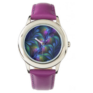 Farbenfrohe Abstrakte blaurosa grünes Fraktal Armbanduhr