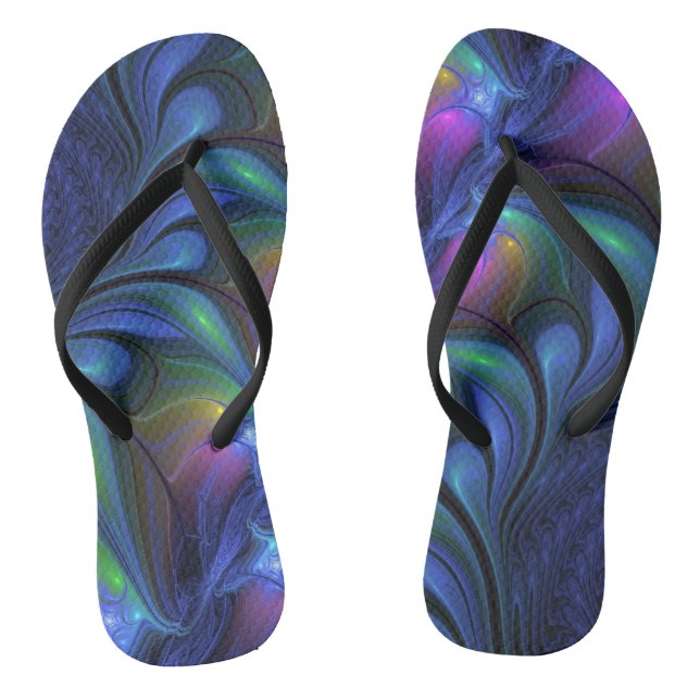 Farbenfrohe Abstrakte blaurosa grünes Fraktal Flip Flops (Fußbett)